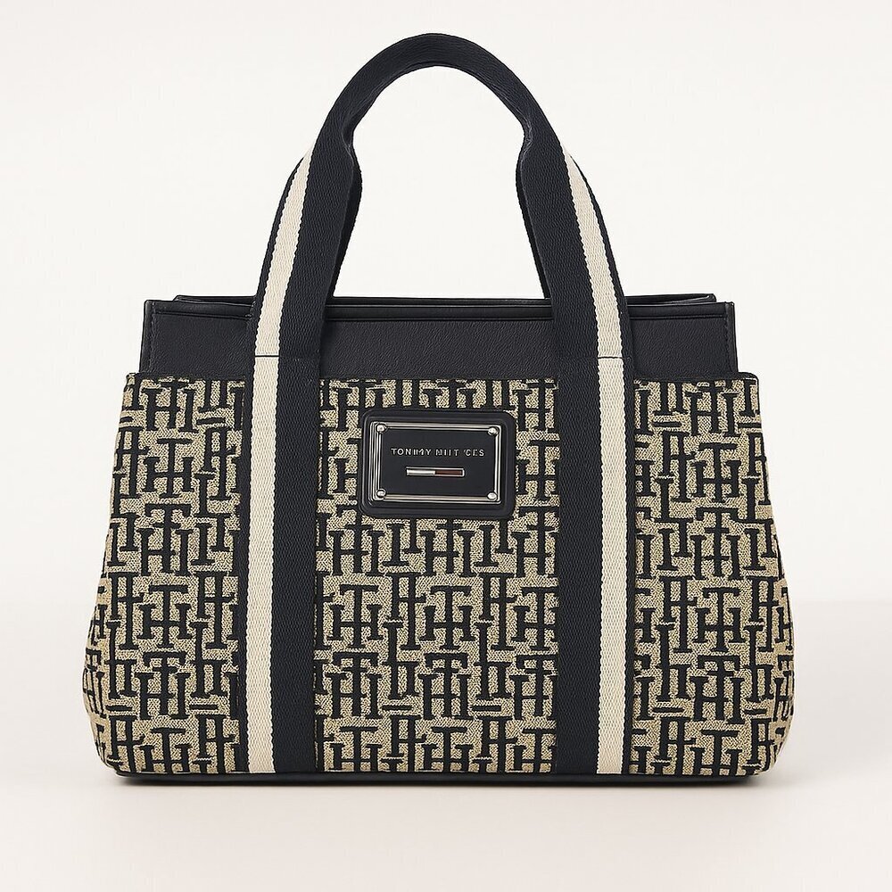 Tommy Hilfiger Logo Jacquard Canvas Tote Bag with Striped Handles – Classic Desi
